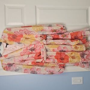 Alex Marie Sheer Long Sleeve Faux Wrap V-neck Ruffled Dress: Pink Lily Print